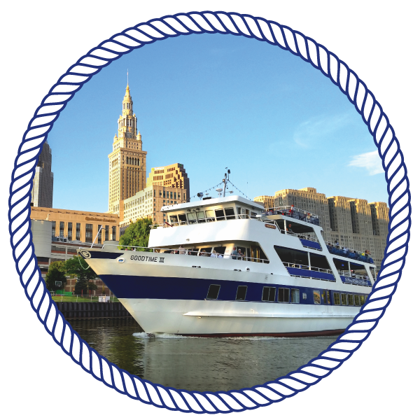 goodtimeiii boat with lots of passengers, cruising down the river