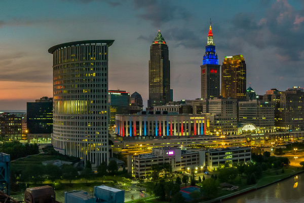 nighttime view of the city, full of bright and colorful neon lights