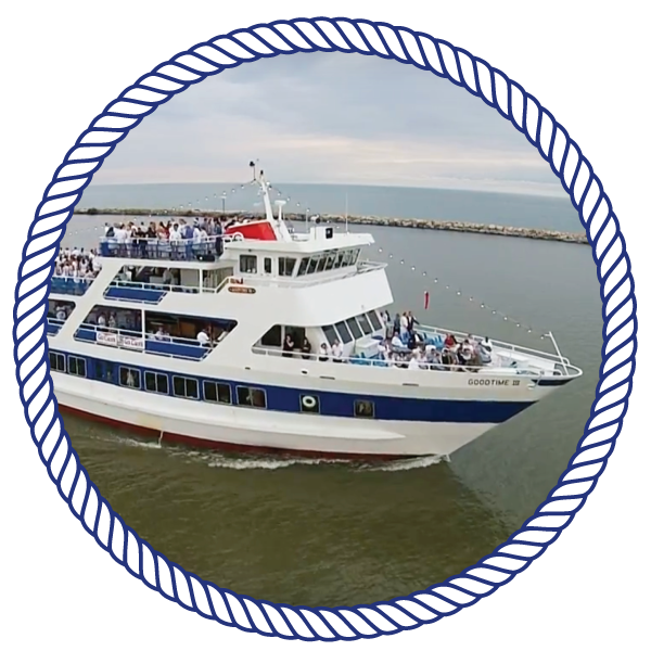 goodtimeiii boat, with passengers, cruising down the river