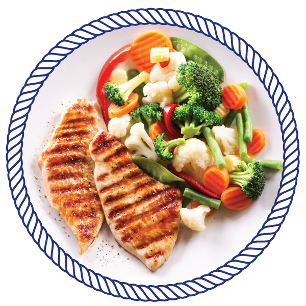 Top Rate Food & Entertainment plate of vegetables, and chicken