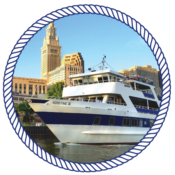 Unique Event Space goodtimeiii boat, cruising down the river, with the city in the background