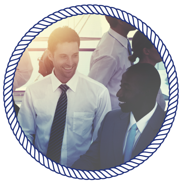 business casually dressed people, grouped together, talking and smiling